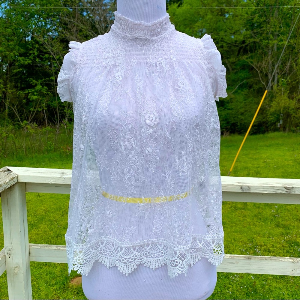 Sheer Floral Lace Sleeveless Ruffle Mock neck Top Beautees Small